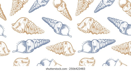 Hand drawn seashells vector illustrations on pastel cream background. Collection of shell and perfect for invitations, fabric, textile, linens, posters, prints, banners.