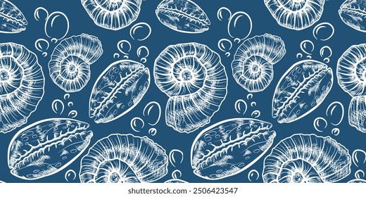 Hand drawn seashells vector illustrations on pastel blue background. Collection of shell and perfect for invitations, fabric, textile, linens, posters, prints, banners.
