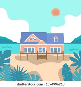 Hand drawn seaside beach villa house on tropical island flat design vector illustration.