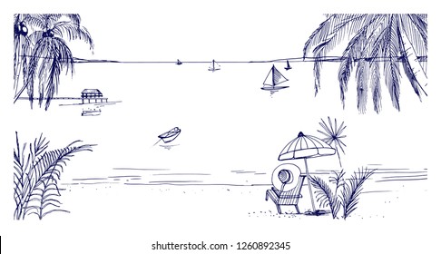 Hand drawn seaside landscape. Tropical resort with deck chair and umbrella, sand beach, exotic palm trees and sail boats floating in sea or ocean on horizon. Contour sketch vector illustration.