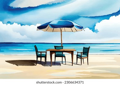 Hand drawn seaside watercolor landscape. tropical resort with deck chair and umbrella, sand beach, exotic palm trees and sail boats