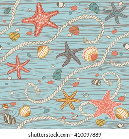 Hand drawn seastars, rope, seastones and seashells on wooden background. Vector seamless pattern.