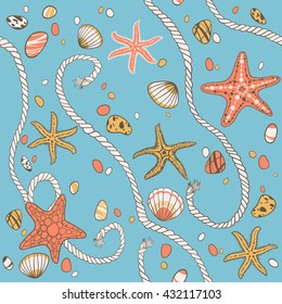 Hand drawn seastars, rope, seastones and seashells, vector seamless pattern.