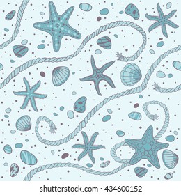 Hand drawn seastars, rope, seastones and seashells, vector seamless pattern.