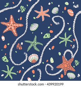 Hand drawn seastars, rope, seastones and seashells, vector seamless pattern.