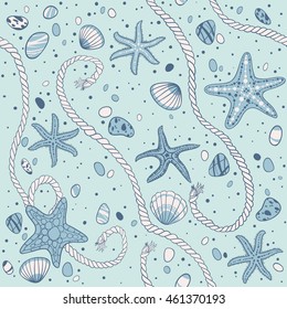 Hand drawn seastars, rope, seastones and seashells, vector seamless pattern.