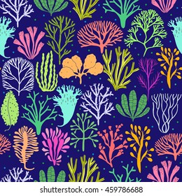 Hand drawn seaweed, coral seamless pattern. Sea plants background. Vector illustration