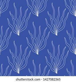 Hand drawn seaweed on a blue background.Perfect for wellness , health,home decor and textile projects.