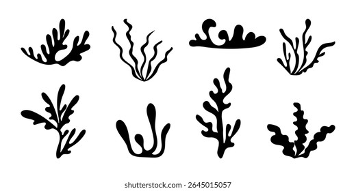 Algas desenhadas à mão em estilo boho. Algas marinhas, plantas silhuetárias, recifes de corais, elementos subaquáticos, folhas marinhas. Ícone de verão plano. Ilustração vetorial isolada sobre fundo branco.