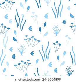 hand drawn seaweeds and sea life pattern