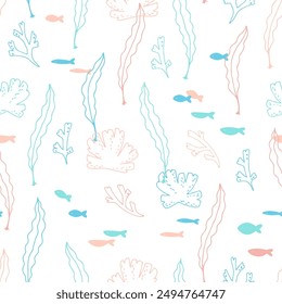 hand drawn seaweeds and sea life pattern