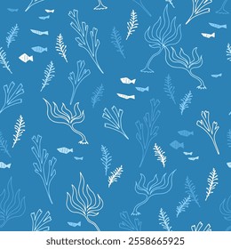 hand drawn seaweeds and sea life pattern