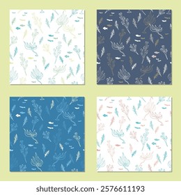 hand drawn seaweeds and sea life pattern set