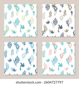 hand drawn seaweeds and sea life pattern set