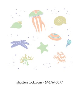Hand drawn of seaweeds and shells. Marine life vector doodles. Conch and scallop, starfish and shells, corals. Underwater plants and animals circle concept vector.