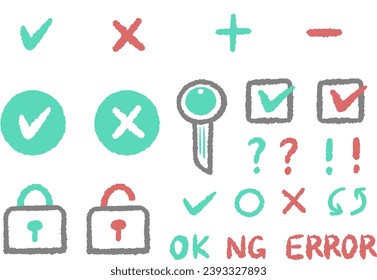 Hand drawn security, check mark and padlock icon set