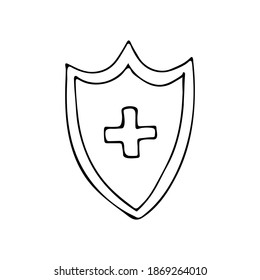 Icono de seguridad dibujado a mano con protector cruzado. Icono de seguridad de garabato con cruz y escudo. Icono de seguro médico con protector de garabato y cruz