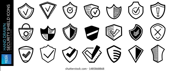 Hand drawn security shields icons, sketch of safety, defense confirmation marks. Vector illustration