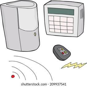 Hand drawn security system objects over white background