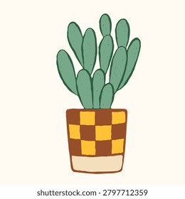Hand drawn sedum succulent in checkered pot. Ideal for home decor, botanical themes, gardening, posters, cards, social media, packaging, print, sticker. Colorful flat vector illustration.