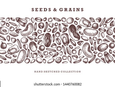 Hand drawn seeds and grains design. Vector food background in engraved style. High detailed vegetarian products template. Great for packaging, menu, label, icon. Vintage cereal crops. Seamless