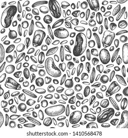 Hand drawn seeds and grains seamless pattern. Vector food background in engraved style. High detailed vegetarian products illustration. Great for packaging, menu, label. Vintage cereal crops outlines