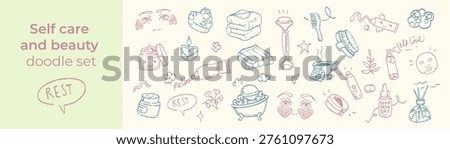 Hand drawn self care and beauty doodle set with skincare products, bath, candles and wellness elements. Minimal line art for relaxation, spa, hygiene and healthy lifestyle concepts.