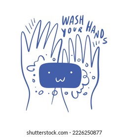 Hand drawn self care doodle art soap and lettering text about washing hands, antimicrobial illustration, stay safe and sanitize in pandemy time. Kawaii childish cute style drawing.