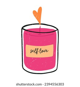 Hand drawn self love candle, cartoon flat vector illustration with grunge texture, isolated on white background. Cute candle with flame in shape of heart. Concepts of love and self care.