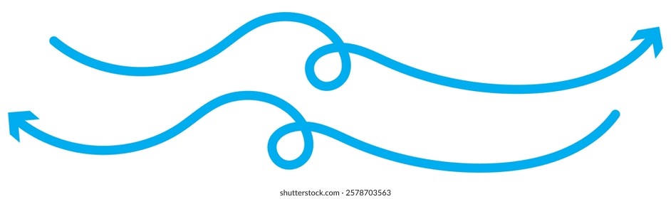 Hand drawn semibold line arrows set. Vector curvy, wavy and straight arrows. Blue wavy curved Long arrow icon. long line arrow vector. flat style Arrow symbol. arrow on a white background. 