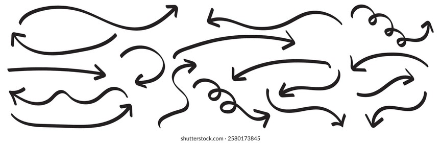 Hand drawn semibold line arrows set. Vector curvy, wavy and straight arrows isolated on white background. 