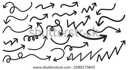 Hand drawn semibold line arrows set. Vector curvy, wavy and straight arrows isolated on white background. 
