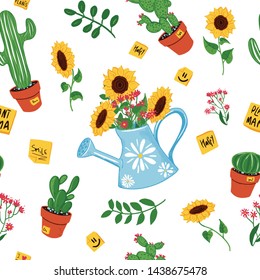 Hand drawn semless pattern of plants. Cute cacti, sunflowers, yellow sticky notes, spring flowers, and other elements.