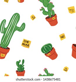 Hand drawn semless pattern of plants. Cute cacti, sunflowers, yellow sticky notes, spring flowers, and other elements.