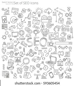 Hand Drawn SEO icons. Vector Illustration of large set of SEO icons and doodles. Hand Drawn Sketch Style.