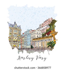 Hand drawn series of vacation travel invitations card or flayers with calligraphic city writing. Karlovy Vary, Czech Republic, ink and painted watercolor imitation. With grunge frames. 