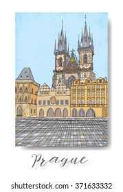 Hand drawn series of vacation travel invitations card or flyers with calligraphic city writing. Prague, Czech Republic, ink and painted watercolor imitation. With grunge frames, ant paint splash. 