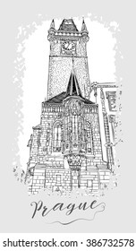Hand drawn series of vacation travel invitations card or flayers with calligraphic city writing. Prague, Czech Republic, ink drawing imitation. With grunge frames.