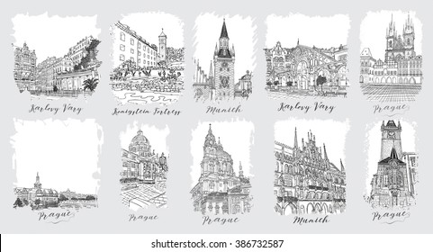 Hand drawn series of vacation travel invitations card or flyers with calligraphic city writing. Prague, Czech Republic, ink and painted watercolor imitation. With grunge frames, and paint splash.