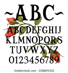 Hand drawn serif font. Vector alphabet with red roses as decoration