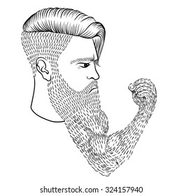 Hand drawn serious hipster man with long beard like human hand and fist. Sketch vector illustration for tattoo, t-shirt design.