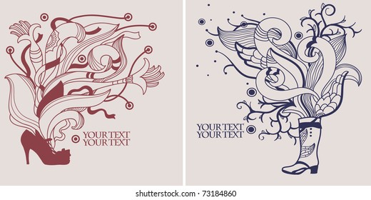 hand drawn set of 2 cards with trendy shoes and fantasy plants