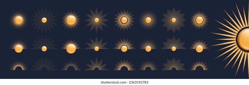 Hand drawn set of 3d glossy golden Sun, sunburst, starburst, light rays. Bohemian symbol bursting sun rays. Magic talisman, antique style, boho. ​Vector illustration isolated on blue background