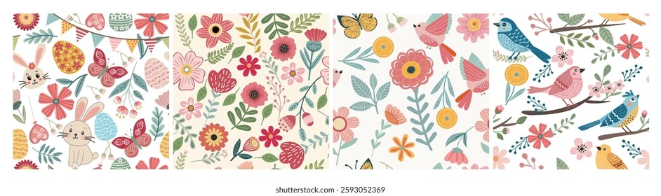 Hand drawn set of 4 pattern with cute decorative spring elements birds, blossom, butterfly and branch. Seasonal seamless backdrop perfect for textiles, apparel, wallpaper etc