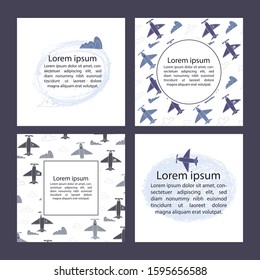 Hand drawn set of 4 travel template for banner, card, poster, coverage and other design. Planes in the sky and clouds. Flat vector illustration.