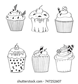 Hand drawn set of 6 birthday cakes isolated on white background. Cute sweet vector bakery set.
