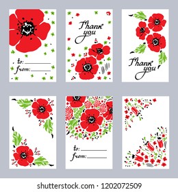 Hand drawn set of 6 cards of red poppies. Thank you card. Vector illustration.