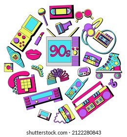 Conjunto dibujado a mano de 90, elementos retro colocados en círculos. Conjunto de elementos retro de la cultura pop de los años noventa. Ilustración vectorial aislada en fondo blanco.  Iconos al estilo de arte pop de los años 90