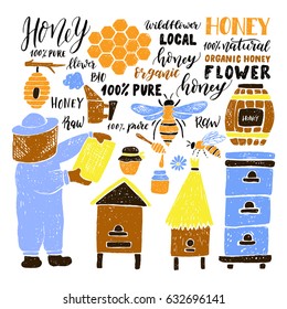 Hand drawn set about honey. Vector illustration.