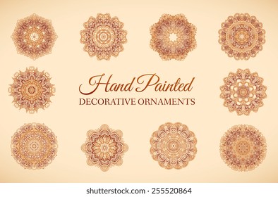 Hand drawn set abstract background ornament illustration concept. Vector decorative retro banner of card or invitation design. Vintage traditional, Islam, arabic, indian, ottoman motifs, elements. 